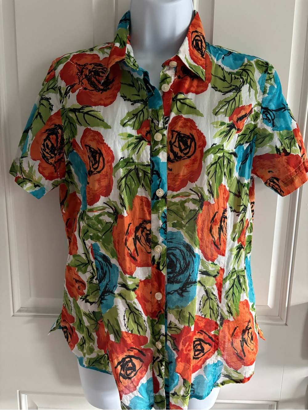 Talbots Vibrant Orange, Blue & Green Floral Short Sleeve Button-Down